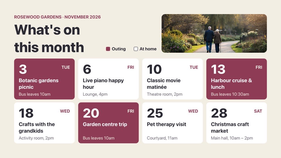 Monthly events and outings digital signage template (landscape): Month of events as big date tiles, with bus outings highlighted