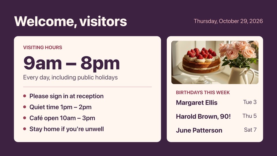 Visitors and birthdays digital signage template (landscape): Visiting hours and notes beside this week's resident birthdays
