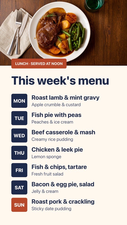 This week's menu digital signage template (portrait): Large-print weekly lunch menu, a day per row, with a hero photo