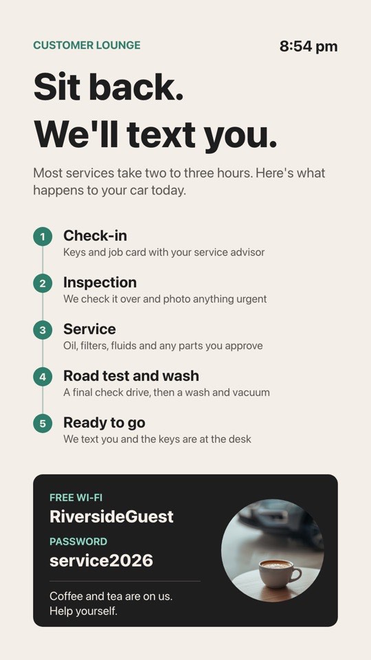 Customer lounge digital signage template (portrait): How the service day runs, plus Wi-Fi details and free coffee