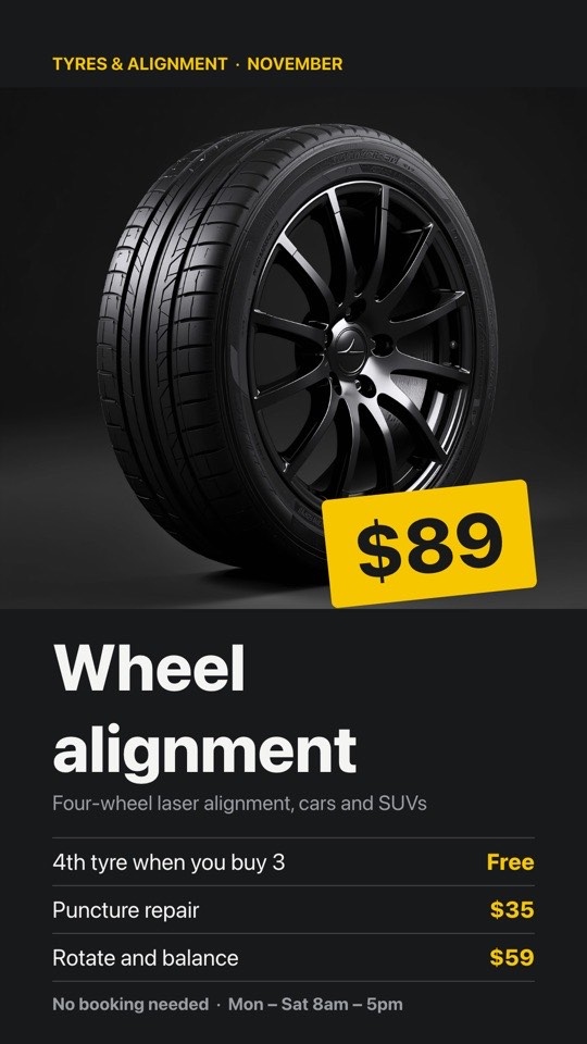 Tyre & alignment specials digital signage template (portrait): Wheel alignment price tag with a short list of tyre deals