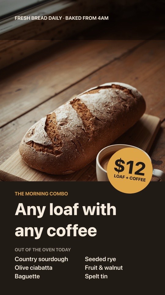 Bread and coffee combo digital signage template (portrait): Full-bleed bread photo with a combo price and today's loaves