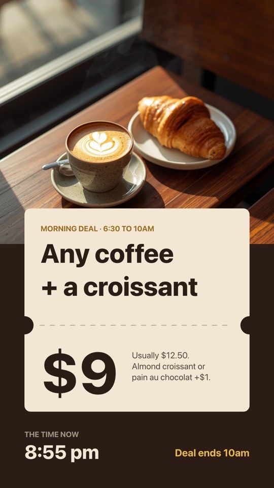 Coffee and pastry deal digital signage template (portrait): Morning coffee and croissant deal on a ticket, with a live clock