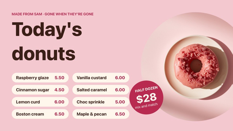 Donut board digital signage template (landscape): Today's donut flavours as price tags beside a big round photo