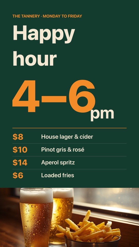 Happy hour digital signage template (portrait): Poster-style 4–6pm happy hour with four drink deals