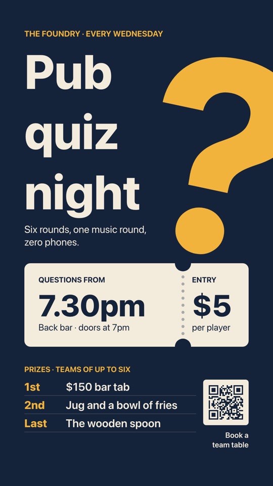 Pub quiz night digital signage template (portrait): Weekly quiz poster with a ticket-style start time and prizes
