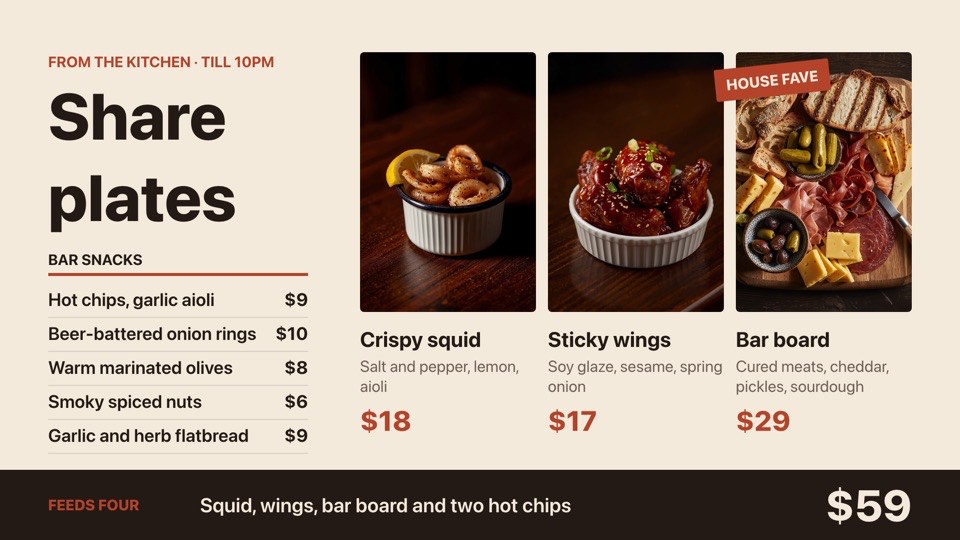 Bar snacks and share plates digital signage template (landscape): Three photo share plates with a snack list and a group deal