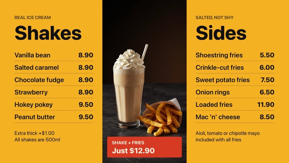Shakes and sides digital signage template (landscape): Two price lists either side of a tall shake and fries photo