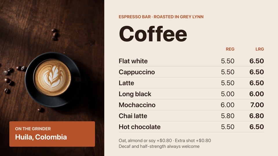 Coffee menu digital signage template (landscape): Espresso drinks in two sizes with a hero latte photo