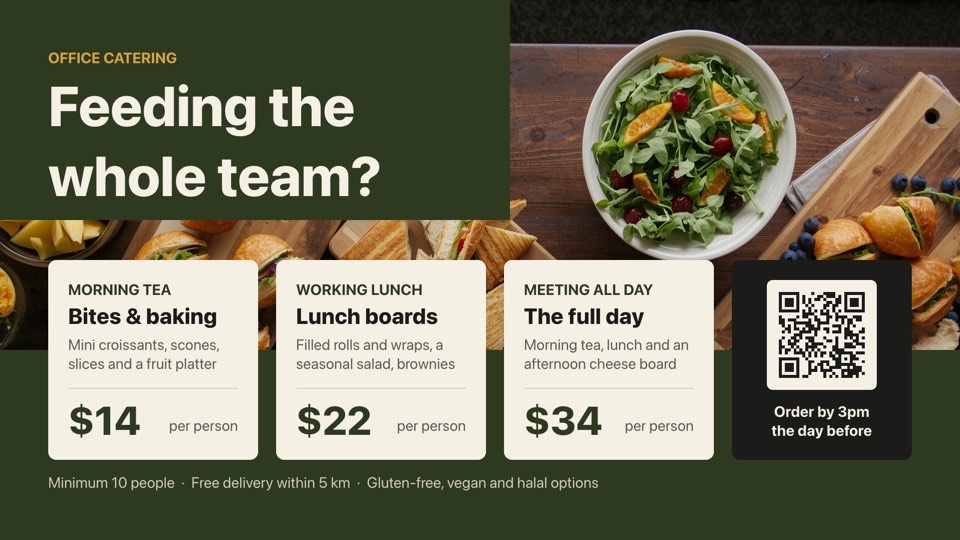 Office catering digital signage template (landscape): Three catering packages over a platter photo, with an order QR