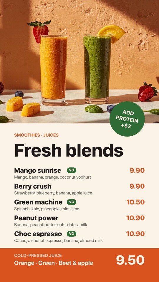 Smoothies and juices digital signage template (portrait): Portrait smoothie board with vegan tags and a juice price band