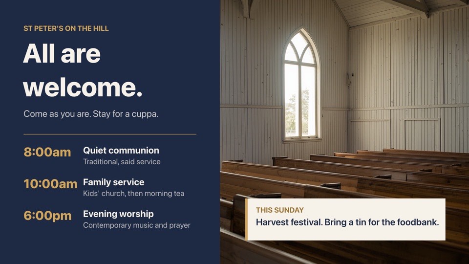 Sunday service times digital signage template (landscape): Warm church welcome with Sunday service times and this week's note