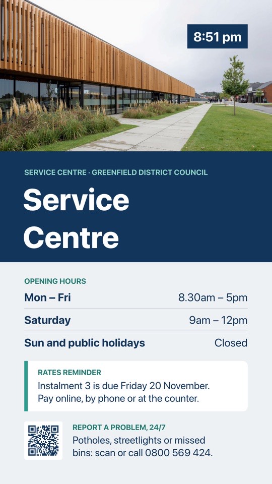Council service centre digital signage template (portrait): Service centre hours, a rates notice and a report-a-problem QR