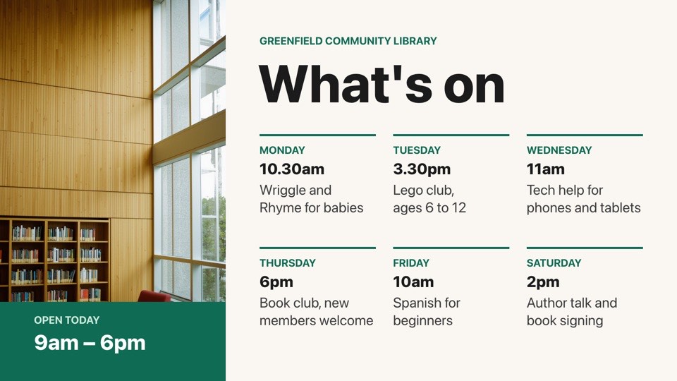 Library what's on digital signage template (landscape): A week of library events in a six-tile grid beside a photo