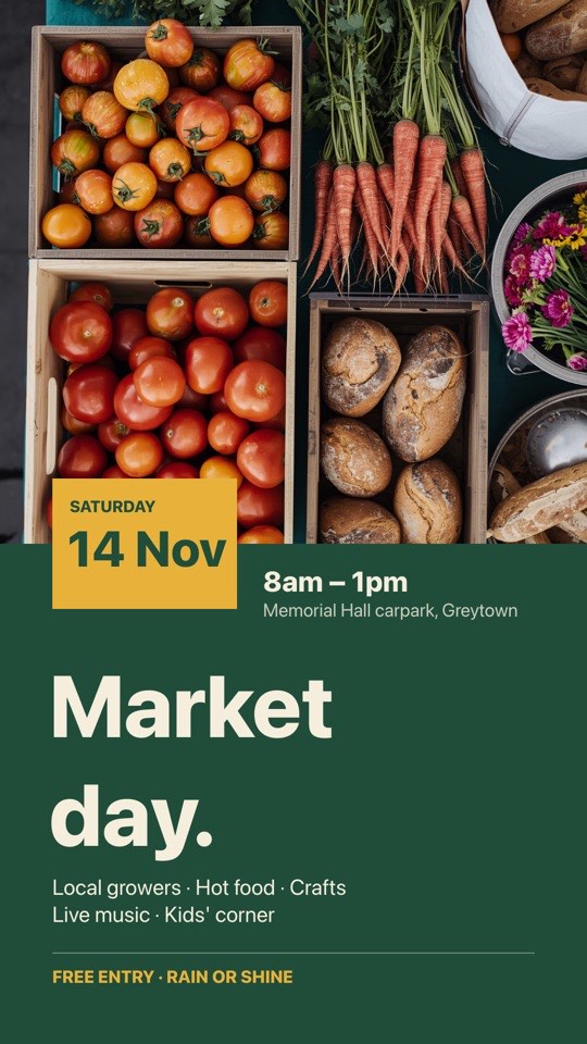Market day poster digital signage template (portrait): Bold community market poster with date tab, times and stall list