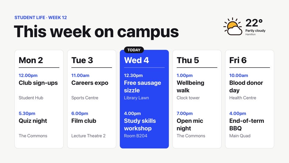 Campus events this week digital signage template (landscape): Five-day events planner with today highlighted and live weather