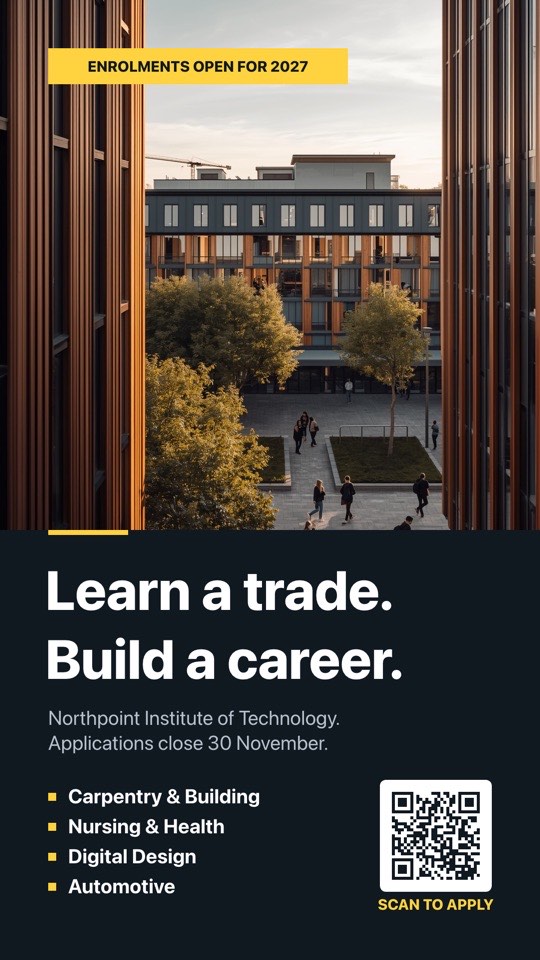 Enrolments open digital signage template (portrait): Polytechnic enrolment poster with programmes and a QR to apply