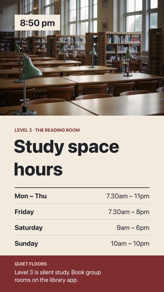 Study space hours digital signage template (portrait): Library and study space opening hours with a live clock