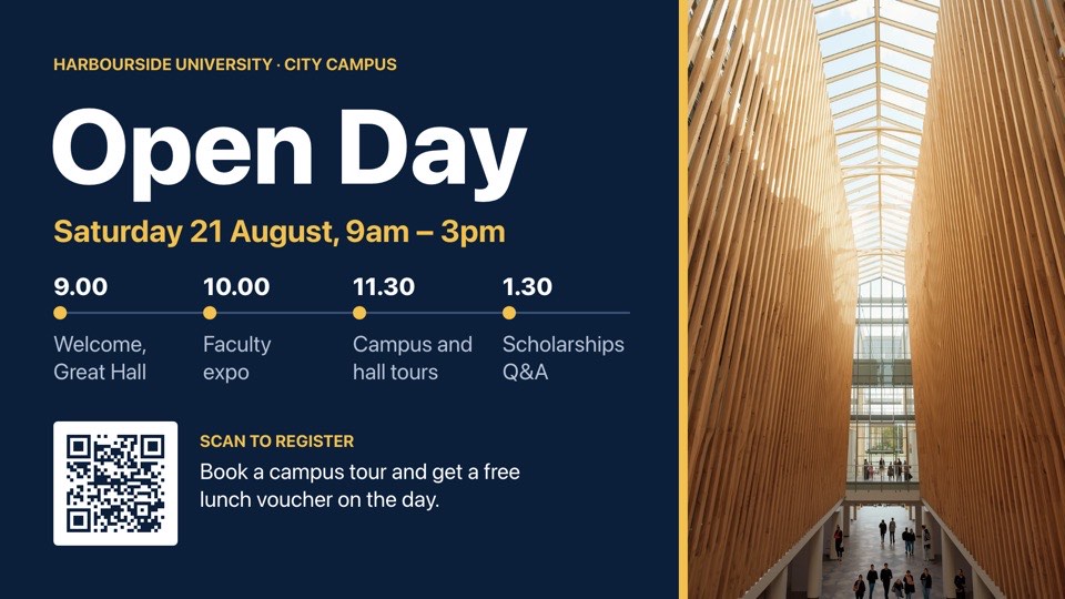 University open day digital signage template (landscape): Open day programme timeline with a QR code to register