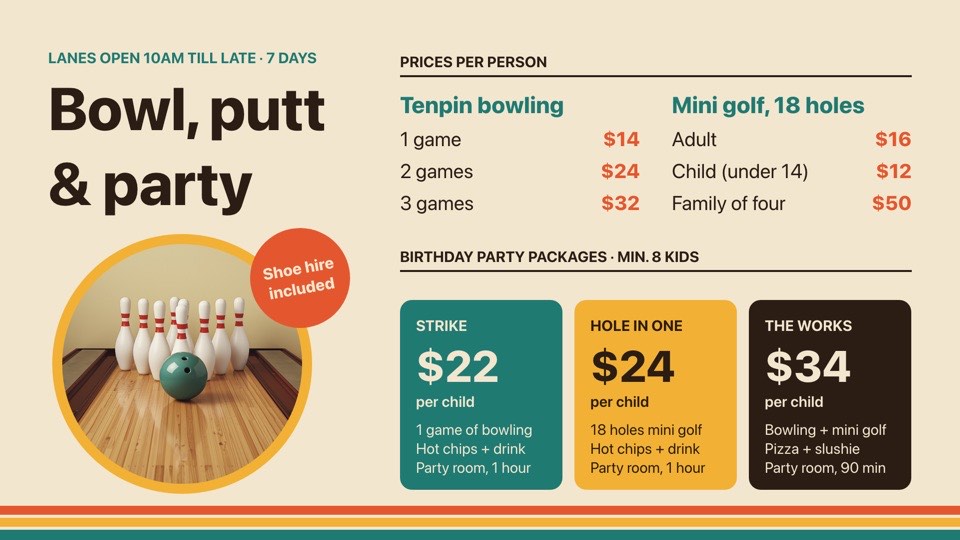 Bowling and mini golf prices digital signage template (landscape): Game prices plus three kids' party packages in a retro style