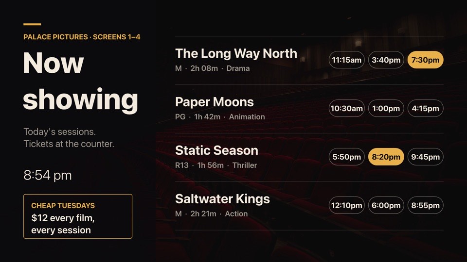 Cinema now showing digital signage template (landscape): Four films with ratings, run times and today's session times