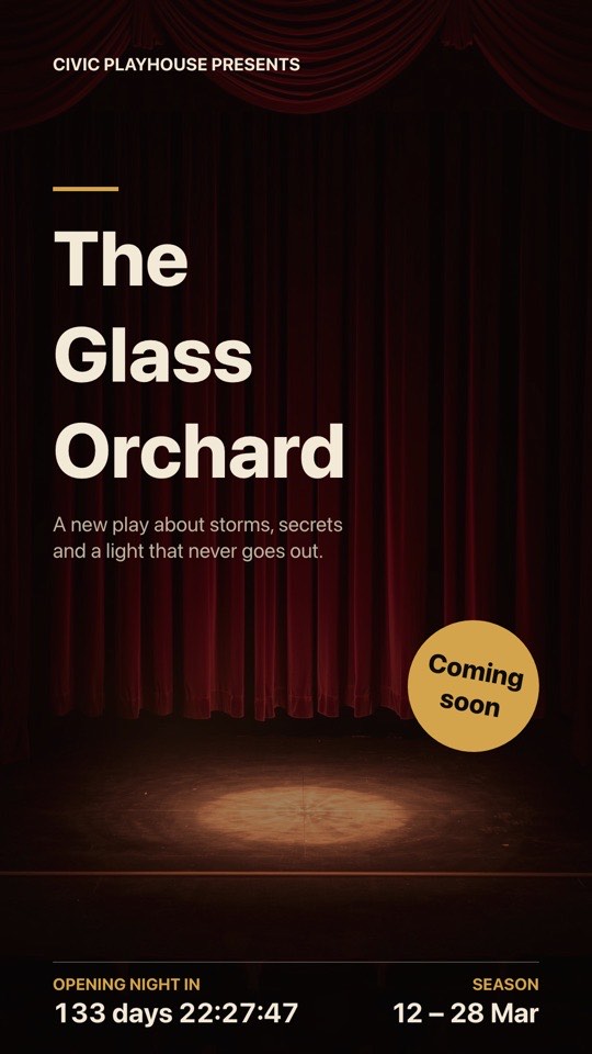 Show coming soon digital signage template (portrait): Theatre poster with title, dates and a countdown to opening night