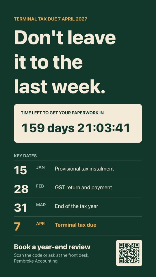 Tax deadline countdown digital signage template (portrait): Live countdown to terminal tax day, with the key dates ahead