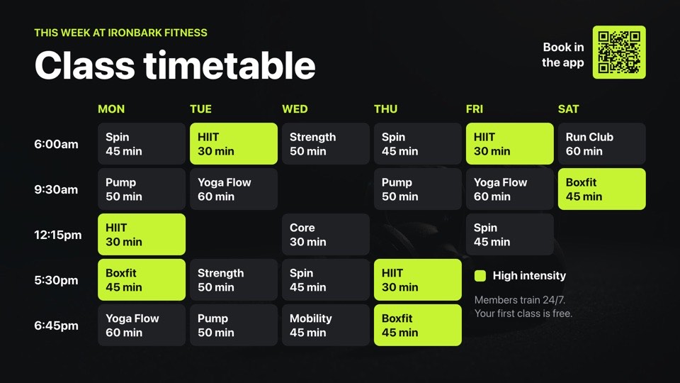 Weekly class timetable digital signage template (landscape): Six-day group fitness timetable grid with high-intensity highlights
