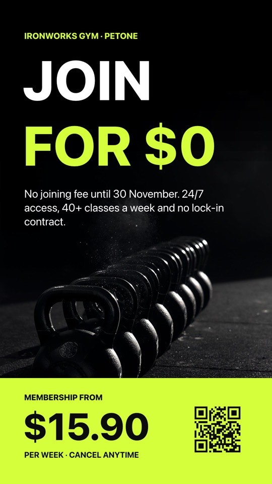 Join now offer digital signage template (portrait): High-energy new member offer with weekly price and sign-up QR