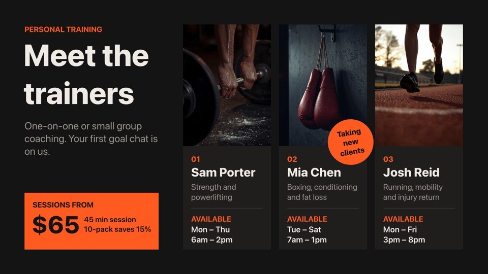 Meet the trainers digital signage template (landscape): Three personal trainers with their focus, hours and session price