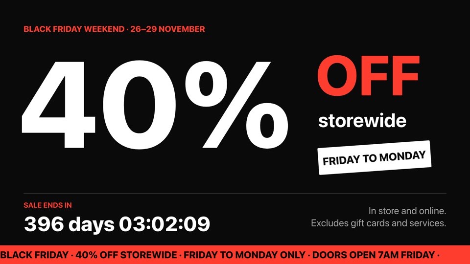 Black Friday sale digital signage template (landscape): Giant 40% off poster with a live countdown and scrolling ticker