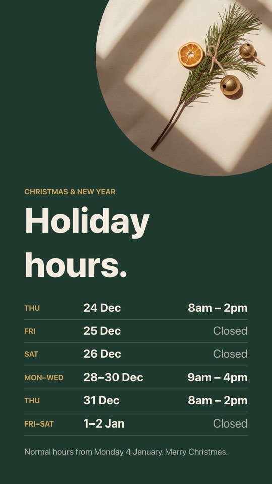 Christmas holiday hours digital signage template (portrait): Pine-green Christmas and New Year opening hours, day by day