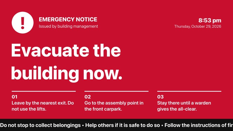 Emergency notice digital signage template (landscape): Unmissable red evacuation alert with steps and scrolling ticker