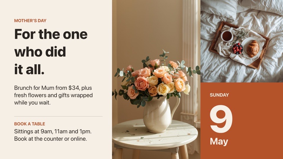 Mother's Day digital signage template (landscape): Editorial photo grid for Mother's Day brunch, flowers and gifts
