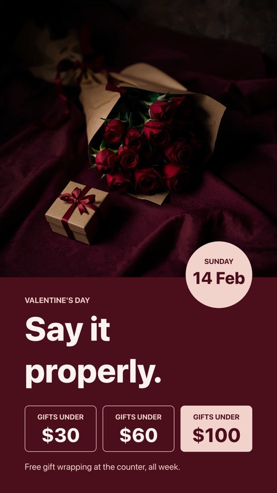 Valentine's Day gifts digital signage template (portrait): Oxblood Valentine's promo with gift price tiers and free wrapping