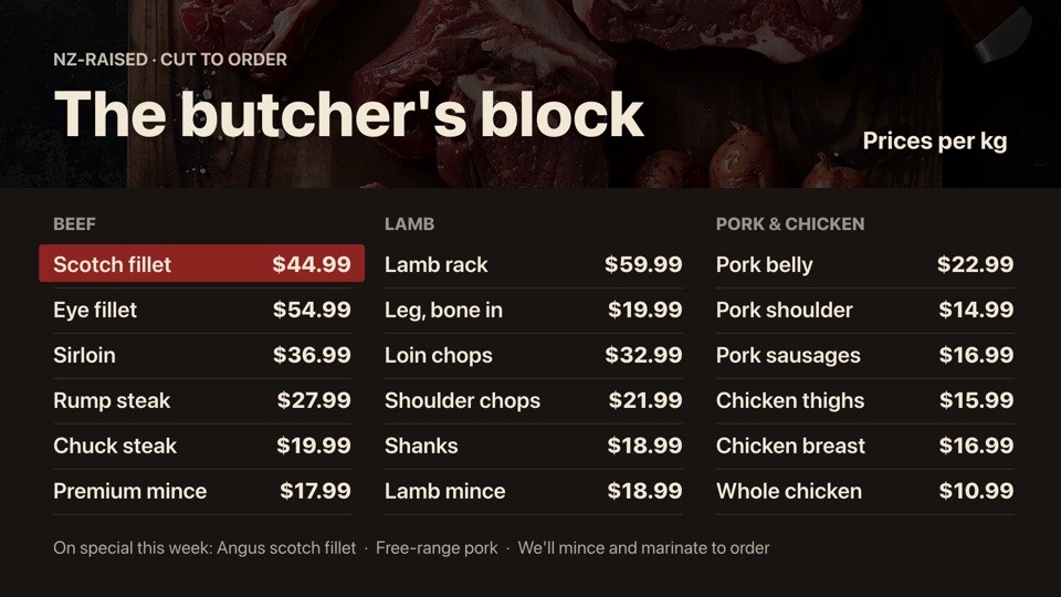 Butcher's cuts per kg digital signage template (landscape): Beef, lamb, pork and chicken cuts with prices per kilo