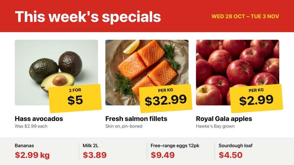 Weekly specials digital signage template (landscape): Supermarket specials with yellow price tickets and photos