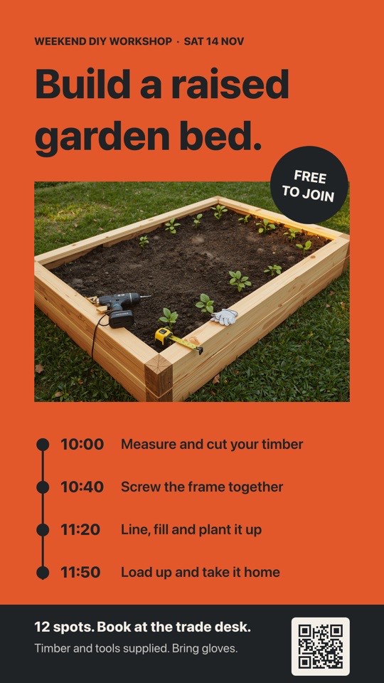 Weekend DIY workshop digital signage template (portrait): Bold orange poster with a run-of-the-morning timeline