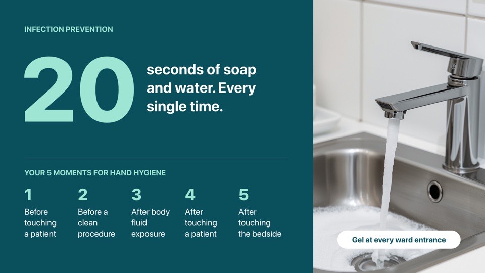 Hand hygiene campaign digital signage template (landscape): Twenty-second hand washing message with the five moments