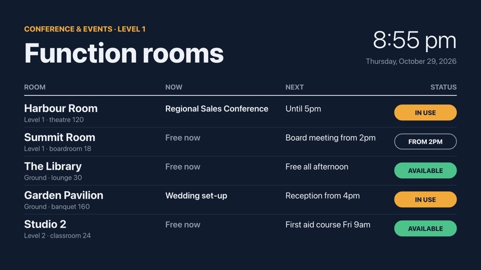 Function rooms today digital signage template (landscape): Live-status board of meeting rooms, bookings and availability