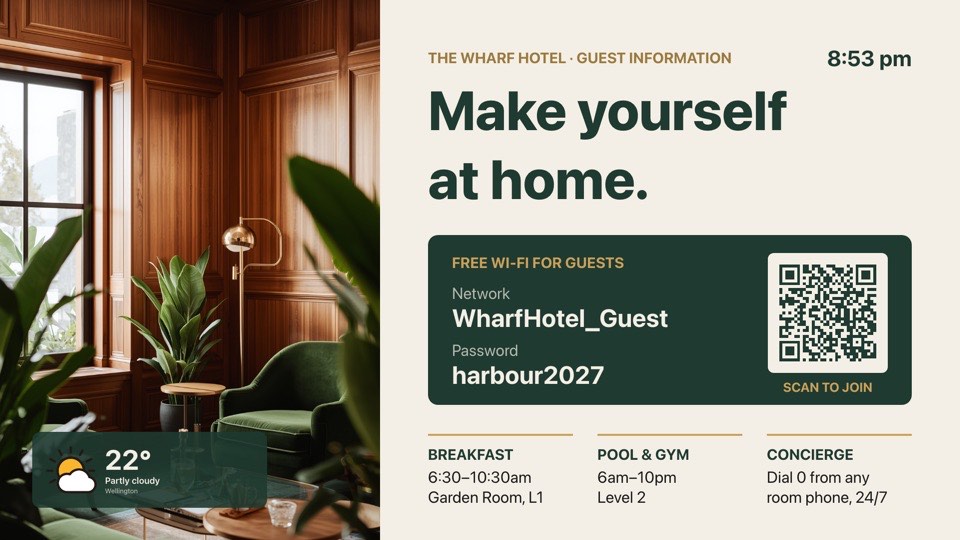 Guest Wi-Fi and concierge digital signage template (landscape): Lobby info screen: Wi-Fi with QR, key times, clock and weather