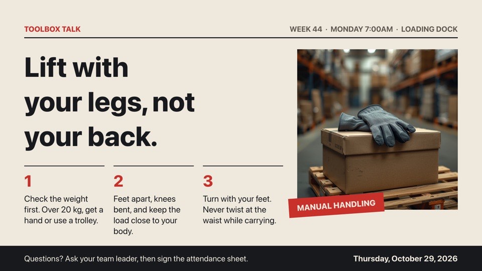 Toolbox talk of the week digital signage template (landscape): Editorial-style weekly safety topic with three key points