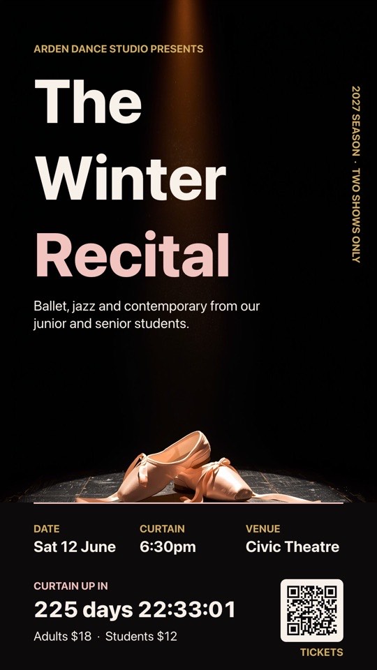 Dance recital poster digital signage template (portrait): Theatre-style recital poster with a countdown and ticket QR