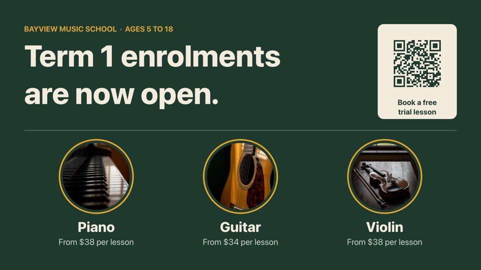 Music school enrolments digital signage template (landscape): Term enrolments with three instrument photos and a trial QR