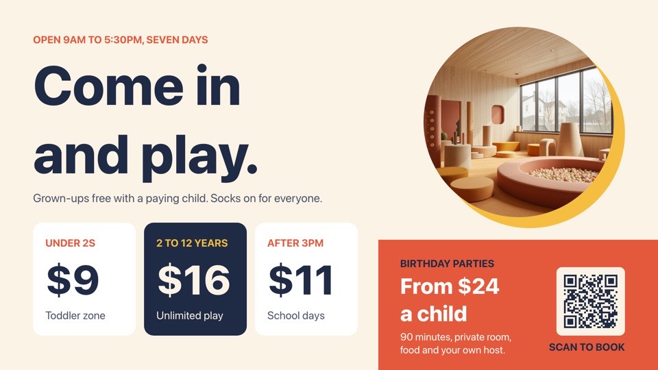 Play centre prices digital signage template (landscape): Session prices as cards, plus a birthday party panel and QR