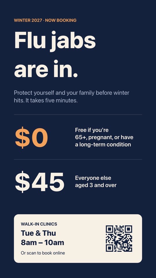 Flu vaccination campaign digital signage template (portrait): Winter flu jab poster with free and paid prices and a booking QR