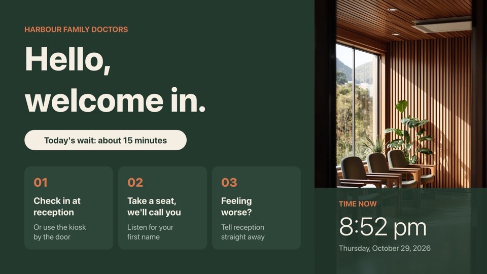 Waiting room welcome digital signage template (landscape): Welcome, check-in steps, today's wait time and a live clock
