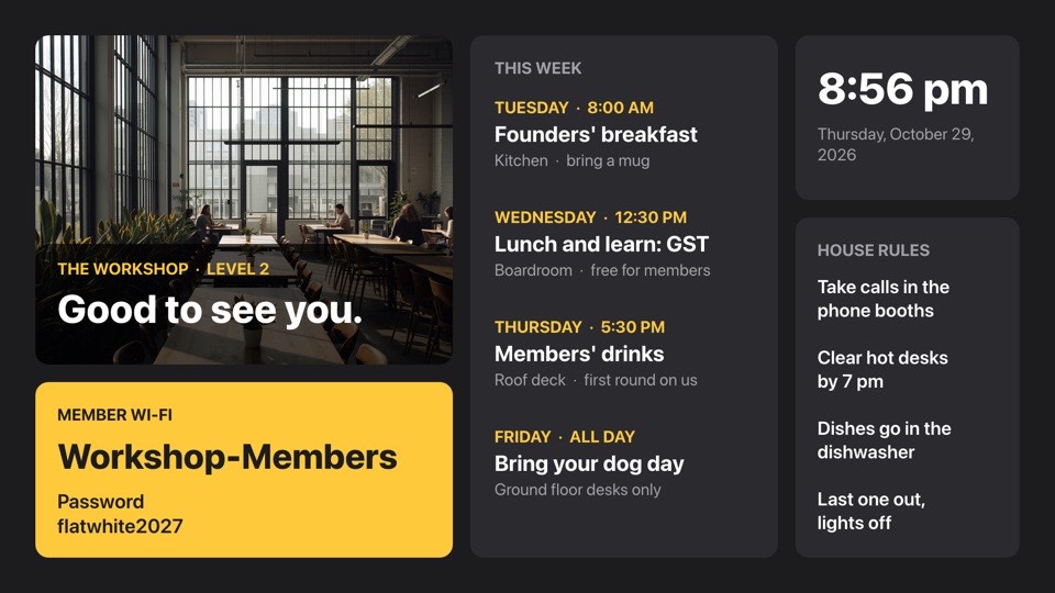 Coworking member board digital signage template (landscape): Bento-style board with events, Wi-Fi, house rules and the time