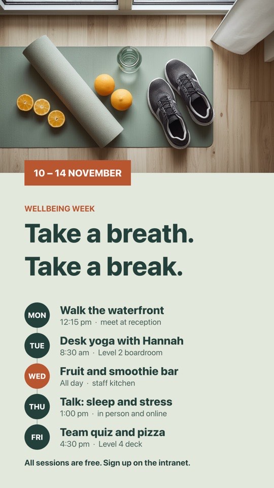 Wellbeing week digital signage template (portrait): Five days of staff wellbeing sessions on a simple timeline