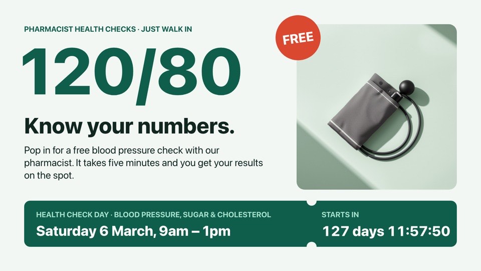 Free blood pressure checks digital signage template (landscape): Health check day with a giant 120/80, photo and live countdown